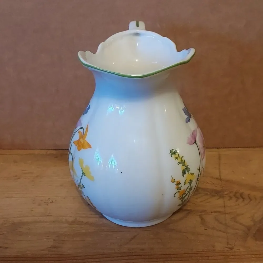 Floral Pitcher White with flowers Vintage green trim